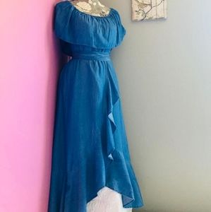 Belted wrap hem bardot denim dress